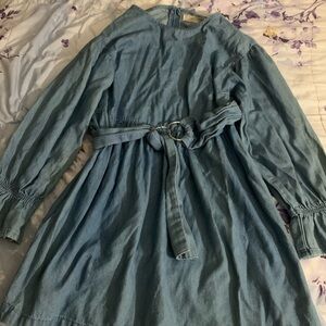 Zara Light Blue Denim-Style Long Sleeve Belted Dress